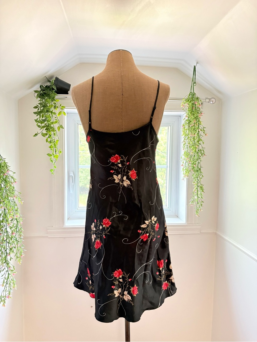 Floral Satin Slip Dress - Black with Red Rose Print - Picture 3 of 3